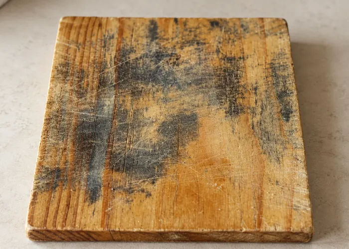 Worn wooden cutting board with dark stains and knife grooves